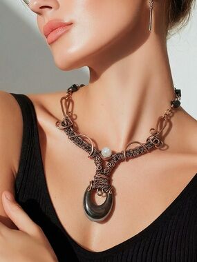 Hand Wrapped Hematite & Moonstone Artisan Copper Necklace ✨ 1-of-a-kind